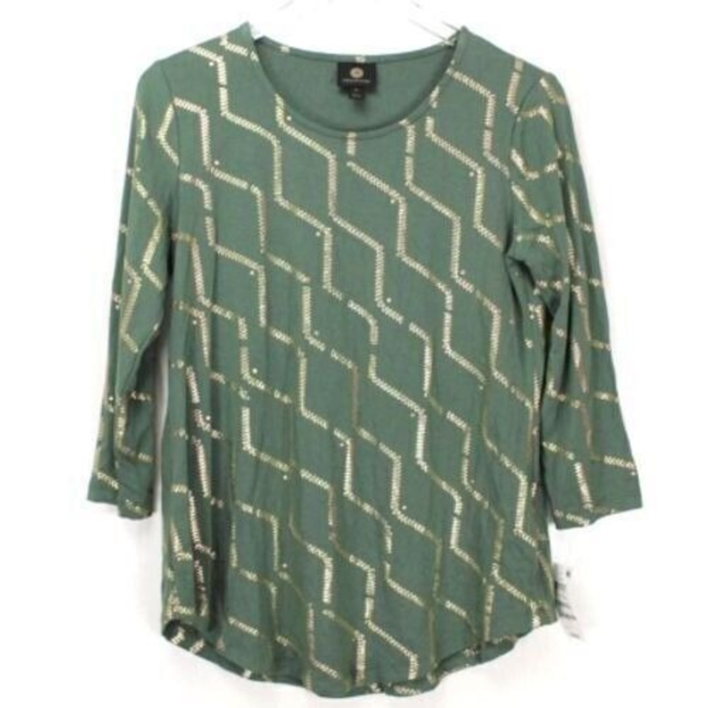 JM Collection T-shirt Green Gold Metallic 3/4 Sleeve Zig Zag Party XS